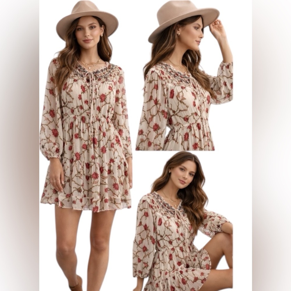 Free People Floral Peasant Blouse XS Boho Cream Red Sheer Romantic Top